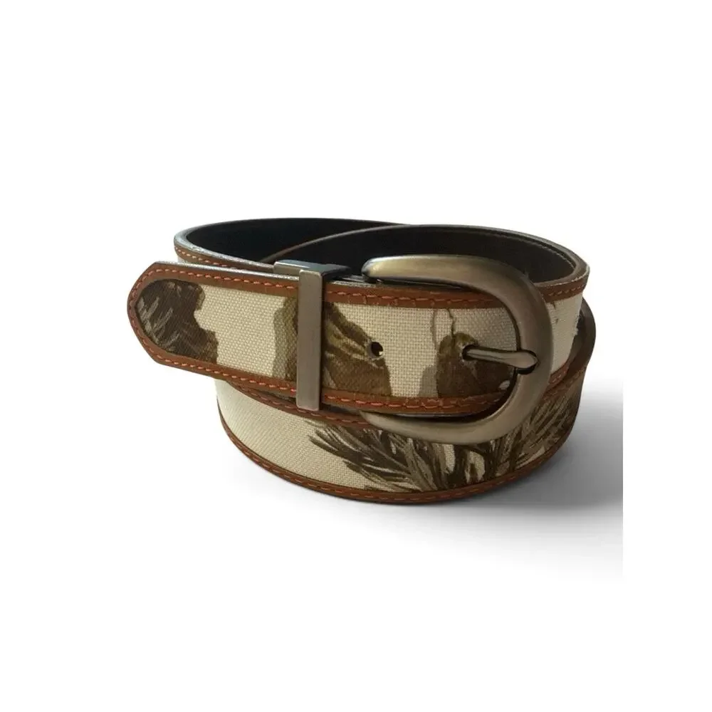 Realtree Belt Reversible Brown Leather White Camouflage Brush Nickel Buckle M/L